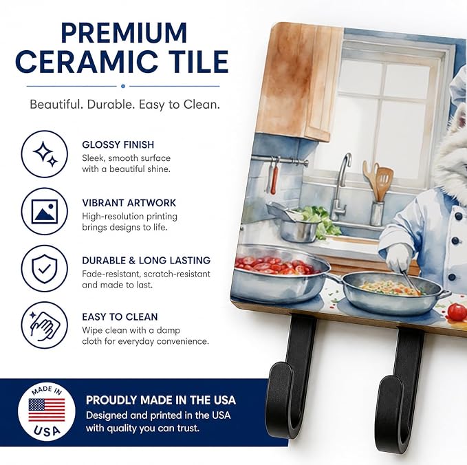 Caroline's Treasures American Eskimo The Chef Leash or Key Holder Wall Hooks, Key Hooks Holder, Coat Rack Wall Mount, Coat Hooks, Hooks for Hanging Keys, Towels, Aprons, Leashes | American Eskimo The Chef artwork on ceramic tile with three steel hooks ...