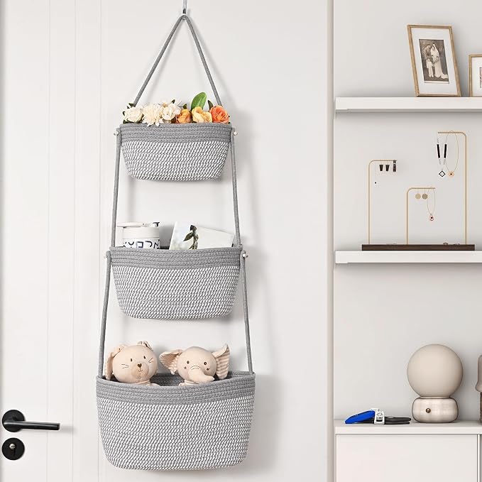Hanging Basket, 3-Tier Woven Wall Basket with 4 Hooks, Cotton Rope Storage Baskets, Over the Door Organizer for Nursery, Bedroom, Cottage and Boho Wall Decor