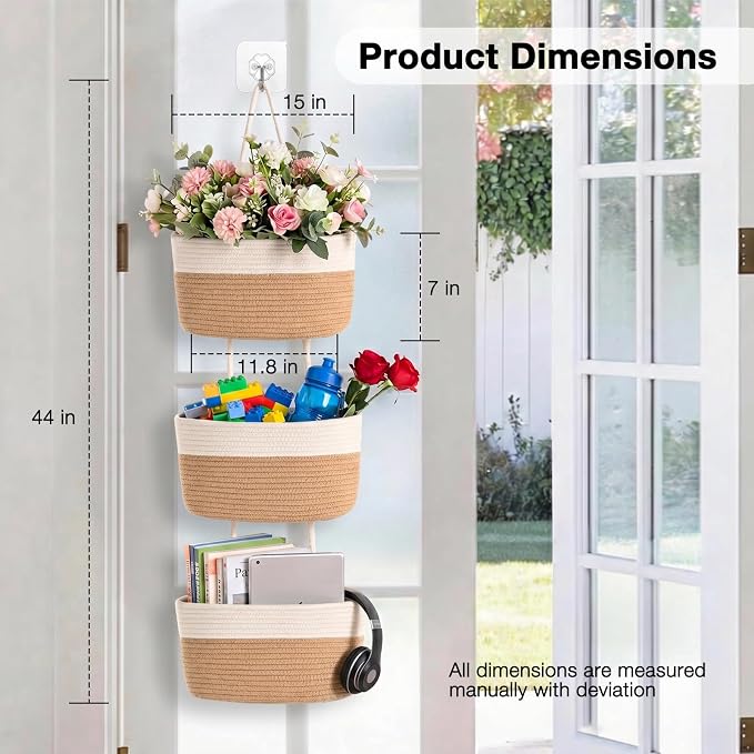 ICERZCZ Hanging Baskets for Organizing 3-Tier Wall Basket Khaki & Off White | Over the Door Decorative Storage Organizer, Nursery Decor Organization, Baskets for Entryway Playroom Bathroom Closet