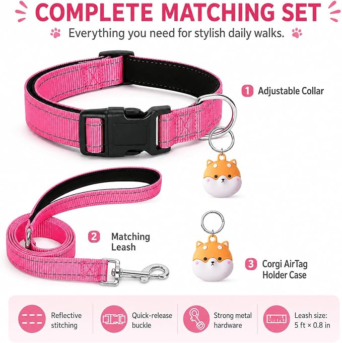 Reflective Soft Neoprene Padded Matching Dog Collar with Leash Airtag Holder Case Set Safety Breathable Adjustable Nylon Dog Collars for X-Small Small Medium Large Dogs-Pink-XS