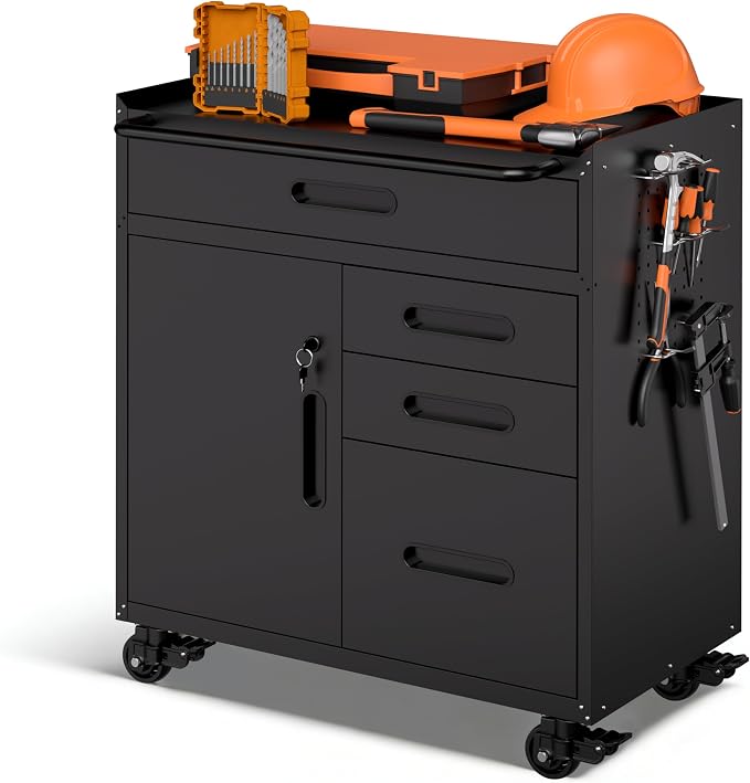 Garage Storage Cabinet,Metal Rolling Tool Cabinet with 2 Pegboard and 10 Hook,Heavy Duty Mechanics Tool Chest Storage for Workshop, Basement,Warehouse,Include Workbench Liner,Black