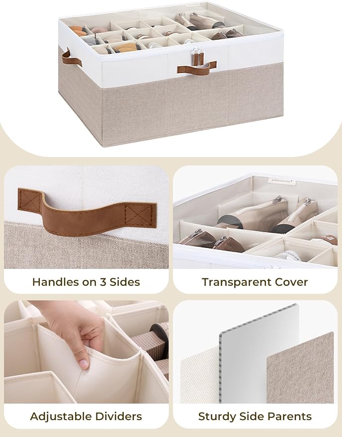 StorageWorks 24-Pair Large Shoe Organizer for Closet, Brown and White | Adjustable Dividers, Holds up to 24 Pairs, Foldable, Clear Lid, Soft Handles, Fits Sneakers, Sandals & Flats, For Mudroom