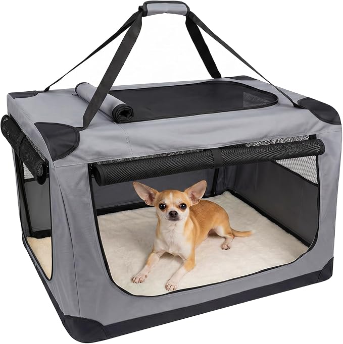 24 Inch Soft Dog Crate Collapsible 3-Door Travel Kennel for Large Dogs, Portable Pet Cage, Fleece Bed, Storage Pocket & Safety Zippers, Indoor Outdoor Car Use Dog Crate