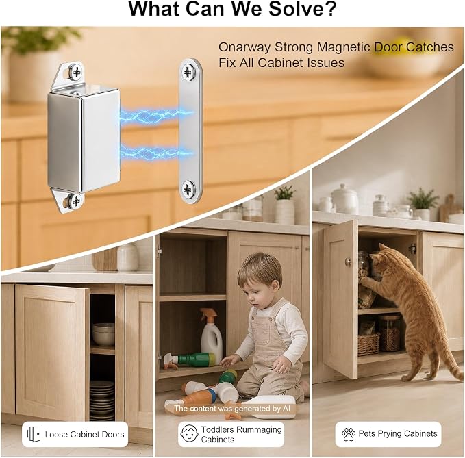 Strong Cabinet Magnets for Closure 40 lbs 2 Pack - Hold Warped Doors Tight | Magnetic Door Catches/Latches Stainless Steel for Cupboard Closet Drawer Window - No Measure or Mark Install in 5 Mins