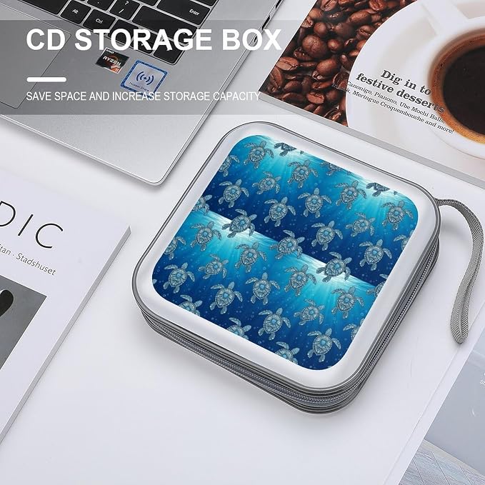 Portable CD Storage Case for 40 Discs Tribal Sea Turtles, Hard Shell Binder with Handle, Protective Organizer for Car Office Travel