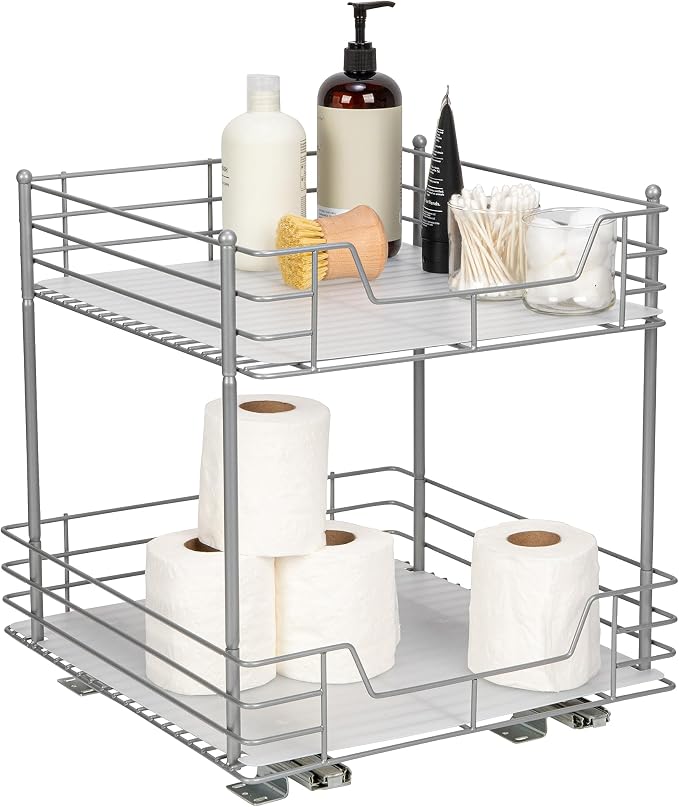 Household Essentials Brushed Steel & Plastic Two-Tier Pantry Organizer, Silver