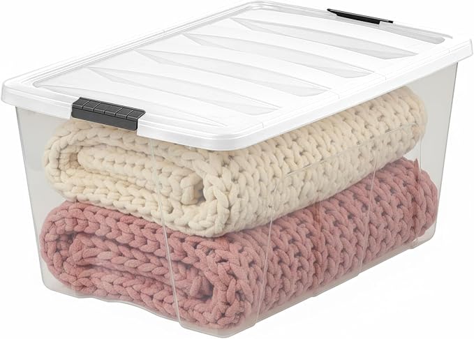 IRIS USA 94 Qt Storage Bins with Lids, 4 Pack, BPA-Free, Clear/White | Perfect for holiday decorations, bulky storage, camping gear, large household items, and long-term organization.