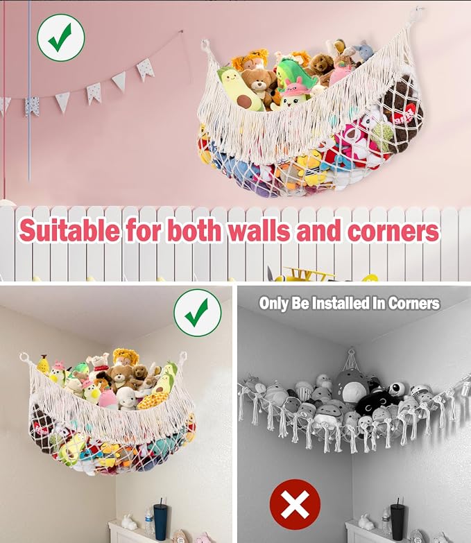 Stuffed Animal Hammock - Extra Large 63'' Long (Cream White) | Premium Cotton Hand-knitted, Beautiful Long Tassel, Storage Hanging Organizer, Can Fit Stuffed Animals 40 Piece or More