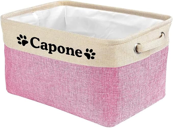 Custom Dog Toy Storage Basket with Dog's Name Sturdy Foldable Collapsible Cat Storage Bin with Handles for Organizing Pet Stuffs, Toys, Clothes,( Pink and White), 15" x 9.8" x 9"