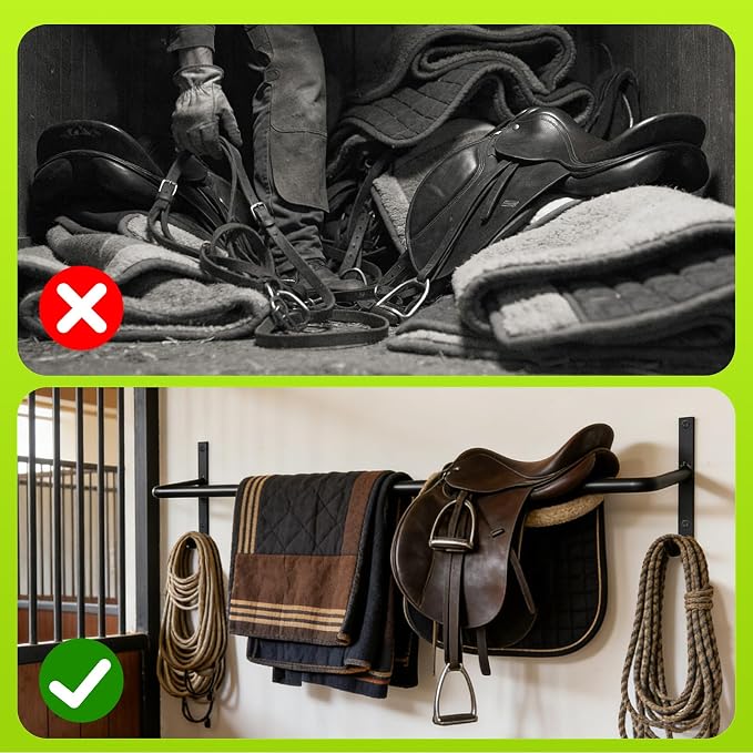4Pcs Heavy Duty Horse Blanket Rack with Bridle Hooks | Wall Mounted Blanket Bar, Saddle Pad Rack for Horse Blanket Storage, Ideal for Horse Stall, Tack Room, Stable & Barn, Black