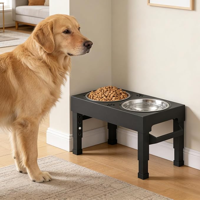 Elevated Dog Bowls Stand Large Breed, Height Adjustable Raised Dog Bowls Holder with 2 Stainless Steel Food Bowls for Small, Medium and Large Canine，Black