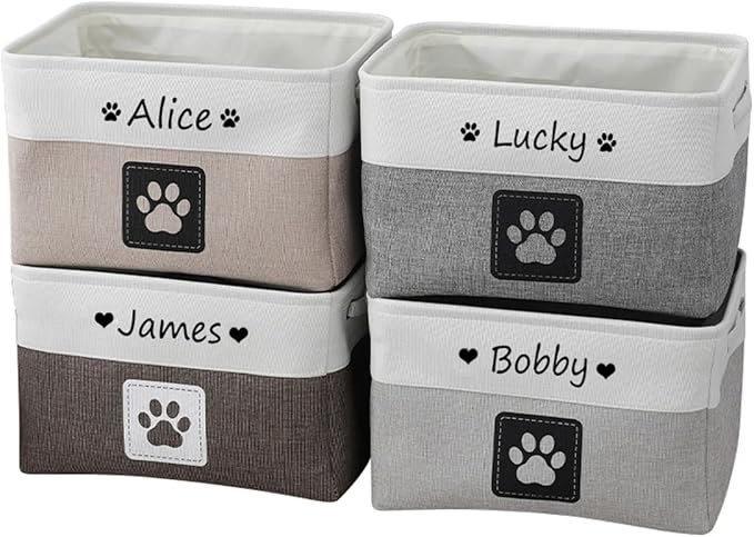 Custom Name Pet Dog Toys Basket/Bin, Paw Custom Personalized Logo Cat Clothes Box Accessories Organize Storage Bin, 4 Patterns Round Paw, Classic Paw, Heart or Name Only (Light Gray)