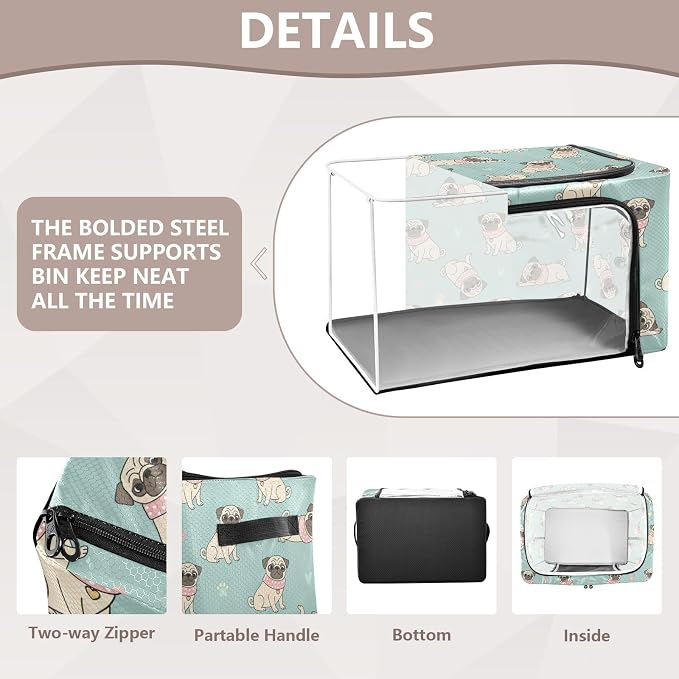 Cute Pets Pug Teal print Under Bed Storage Containers with Double Zipper Openings, Foldable Clothes Storage Bins with Clear Window and Handles for Comforters Bedding Blankets