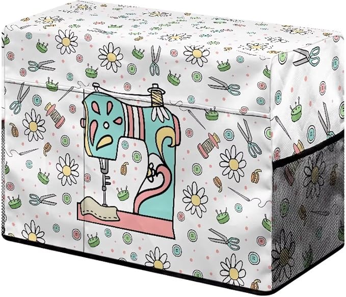Sewing Machine Cover with Storage Pockets,Dust & Pet Hair Protection,Fits Standard Singer, Brother and Janome Machines, Protecting & Decorating Your Sewing Space Sewing Flower(White)