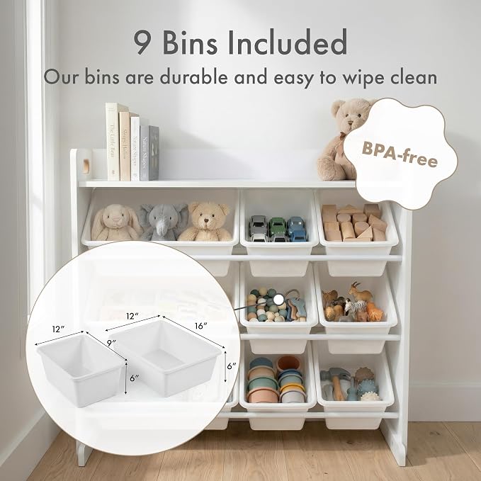 Humble Crew Kids Toy Organizer with Display Shelf, 9 Bins, 3 Tier Storage | Sturdy wood and steel toddler shelf, removable BPA-free containers, wall anchor anti-tip safety kit for bedroom or classroom