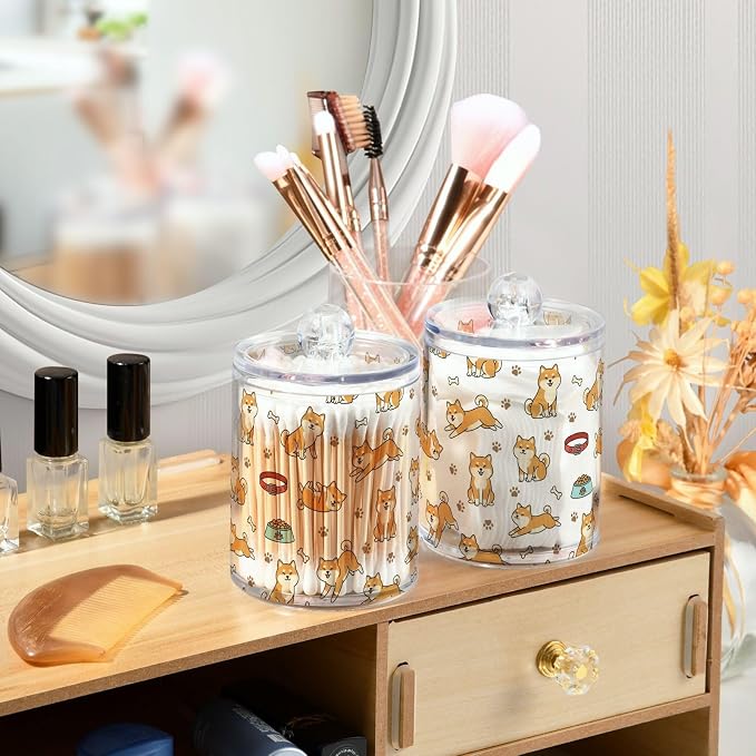 DOMIKING 2 Pack Plastic Cotton Swab Ball Pad Holder Cute Pets Dog White Print Jars Bathroom Storage Organizer Holder Canisters with Lid for Floss Picks Bath Salts Hair Accessories