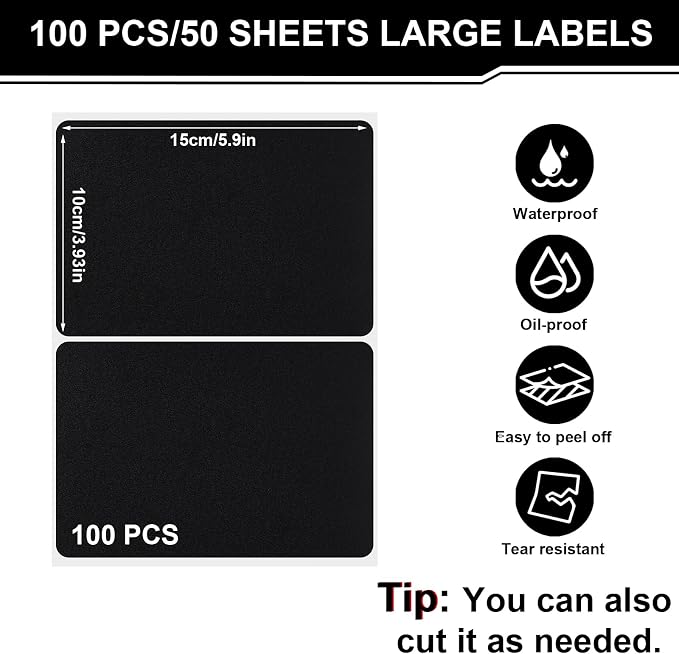100 Pack Chalkboard Labels for Storage Bins, 6 X 4 in, Black | Removable Adhesive Labels, Tear Resistant, Includes 1 White Liquid Chalk Marker, for Home, School, Office Organization