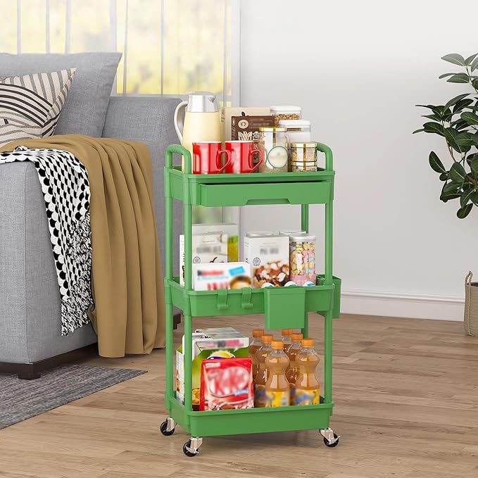 3 Tier Rolling Utility Cart with Drawer, Plastic Storage Organizer Rolling Carts with Wheels Handles Hanging Cups Hooks for Office, Bathroom, Kitchen,Craft Art Room (Green)