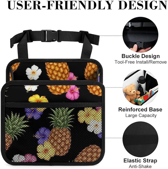 Car Seat Back Hanging Bag Backseat Organizer with Adjustable Buckle, | Tropical Plants Pineapple Funny Floral, Automotive Interior Storage Pouch PU Leather, Universal Fit for Vehicle Truck
