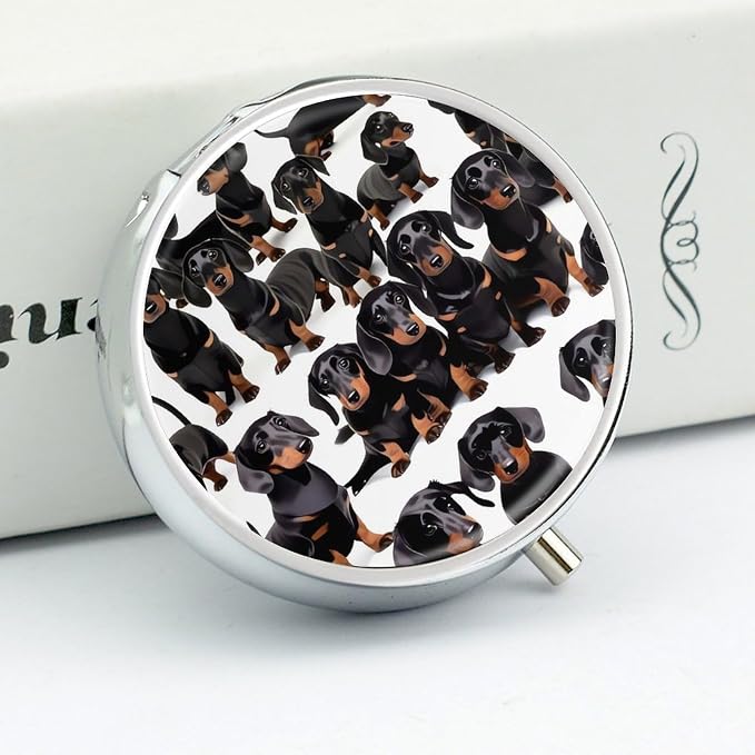 Dachshund Weiner Pet Dog Round Metal Pill Organizer 3 Compartment Travel Pill Case with Mirror Waterproof & Leak-Proof for Daily Meds Vitamins Supplements Fits in Purse Pocket Bag