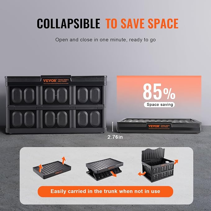 VEVOR 65L Collapsible Storage Bins with Lids 3 Packs, Stackable Crates | For Organizing Tools, Books, Food, Drinks, Camping&Transport, Large Heavy Duty Folding Containers with Handles, PP Material