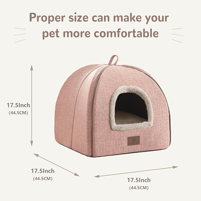 WINDRACING Cat Beds for Indoor Cats, 2-in-1 Cat Bed Cave with Anti-Slip Bottom, Cozy Cats House Tent Suitable for All Seasons, for Medium & Large-Sized Pets Light Pink, L(17.5 X 17.5 X 17.5 Inch)