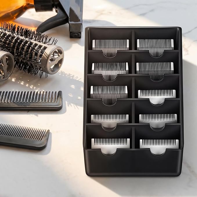 1 Pack Black Clipper Blade Holder 10 Slot Clipper Razor Blade Rack Storage Tray Caddy Grooming and Barber Holder Organizer Case and Stylist Station Accessories