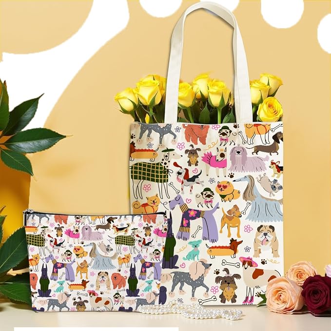 Aesthetic Dog Gifts Dog Mom Gifts for Women, Dogs Lover Pet Owner Girls Sister Makeup Bag Canvas Tote Bag, Reusable Grocery Bags with Inner Pocket for Shopping Birthday Christmas Friendship Wedding