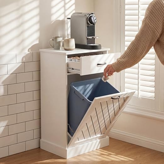 njnj 13 Gallons White Tilt Out Trash Cabinet, Kitchen Hidden Trash Bin Cabinet Wood Garbage Recycling Cabinet with Hideaway Drawer, Pet Proof Freestanding Trash Bin for Kitchen Living Room