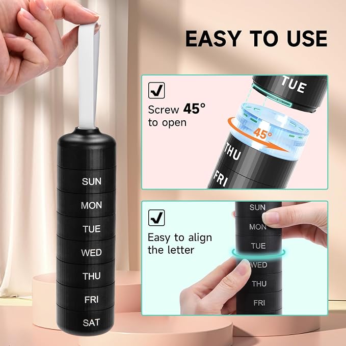 Betife Travel Pill Organizer, 7 Day Stackable Weekly Pill Case - Black | Daily Pill Container with 7 Large Stackable Compartments, Sturdy ABS Snap-lock, No Metal-on-Metal Friction, Portable Pill Box