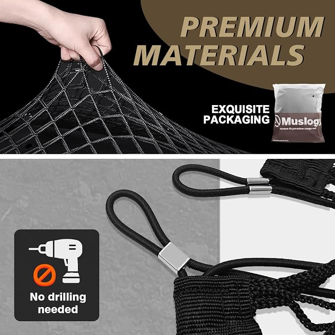 Muslogy Cargo Net for 2018-2023 Chevy Traverse Accessories | Custom Fit, Trunk Storage Organizer Net for SUV Sedan Van Divider, with Heavy Duty Carabiners, Night Visible Grab Handle