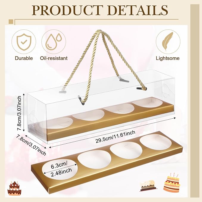 Thenshop 24 Pcs Mother's Day Cupcake Boxes Mother's Day Treat Boxes Clear Cupcake Box with Handle 4 Bakery Cake Box Rectangular Cake Containers for Donuts Pastries Best Mom Gift(Gold)