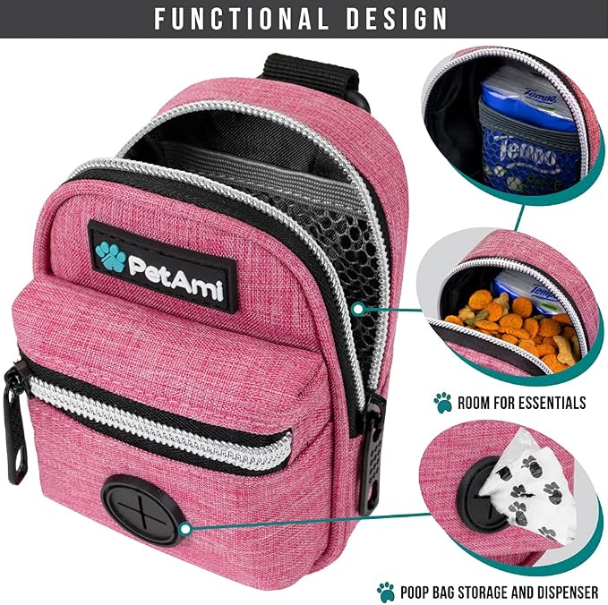 PetAmi Dog Poop Bag Holder for Leash, Waste Bag Dispenser Pet Pouch, Pink | Doggy Puppy Walking Accessories Travel Camping, Dog Treat Pouch Supplies Must Have, Doggie Poo, Jogging, Walks