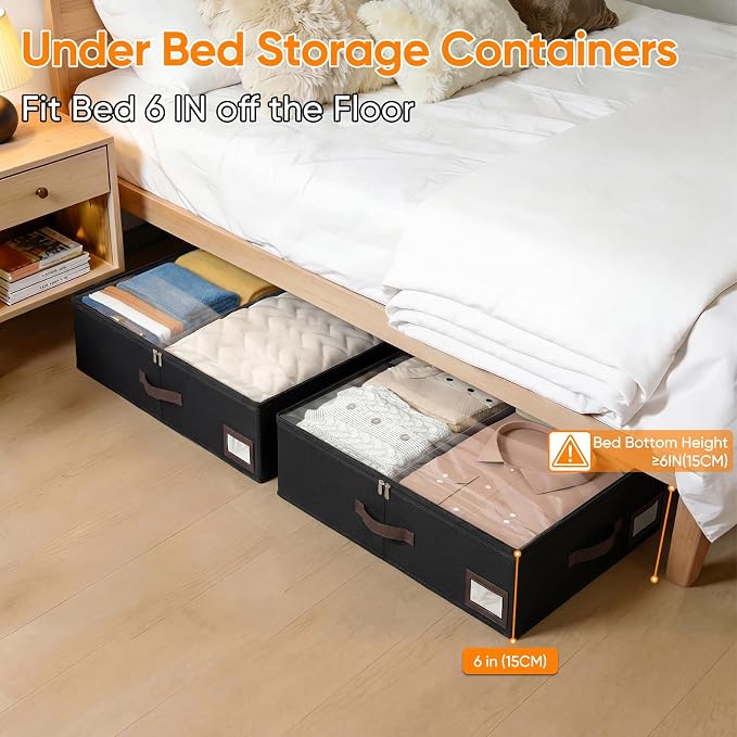 OIAHOMY 2 Pack 38L Under Bed Storage with Adjustable Dividers, 6" Low Profile Underbed Storage Bins for Comforters & Clothes, Save Closet Space with Clear View Lid & Reinforced Handles, Black