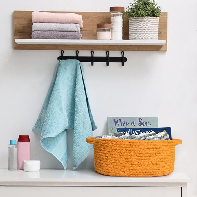 Orange Woven Basket, 13" x 9" x 5" Baskets for Gifts Empty, Cute Cotton Rope Cat Dog Toy Bin Box, Small Woven Bin for Shelves, Orange Room Decor, Nursery Baby Cloth Diaper Storage Organizer
