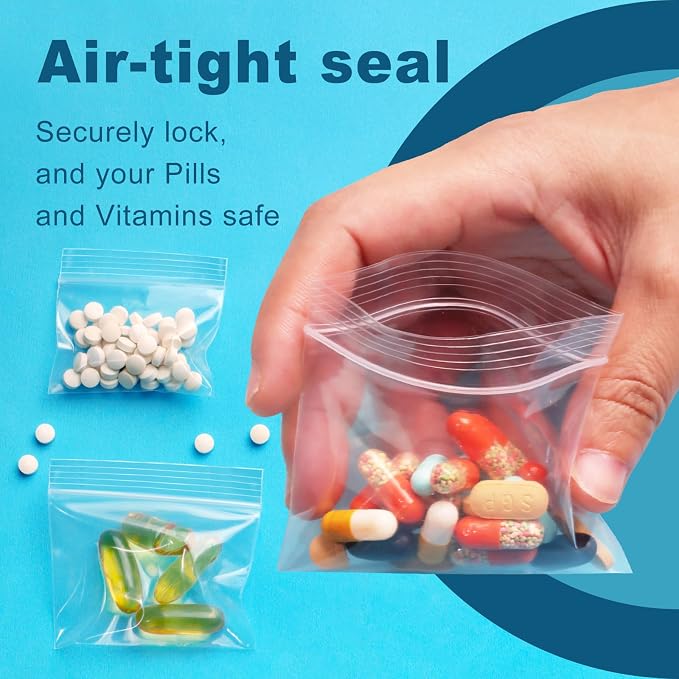 300 Pack Small Pill Bags, 6 mil Sturdy - 3 Assorted Sizes: 2x1.85'', 2.5x2.25'', 3x2.75'' Clear Zip Bags, Reusable Pill Pouch Bags for Travel, Storage, Jewelry & Craft Pieces
