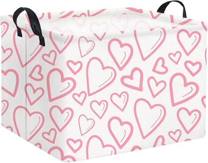 Rectangular Valentines Basket for Home Kitchen Girls Cute Kids Storage Bin Organizer Shelf Book Room Decor(Pink Line Hearts)