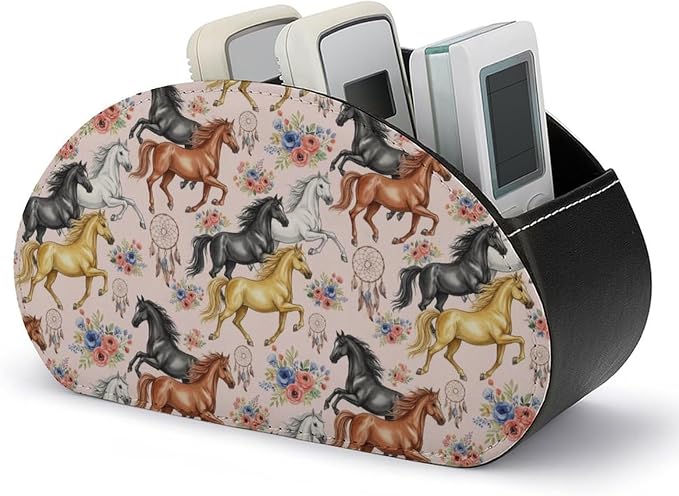 Remote Control Holder Horse Flower Pink Floral 5-Slot Storage Caddy Box | Makeup Brush Organizer, Pu Leather, Horse Flower Pink Floral Desktop Accessory for TV Remotes Media Player