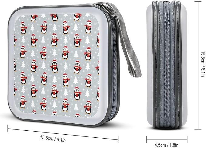 Portable 40 Capacity CD Case Christmas Penguins DVD Wallet Storage Binder | Movie Music Game Disc Collection Organizer Bag, Christmas Penguins, Hand Strap, Zipper Closure