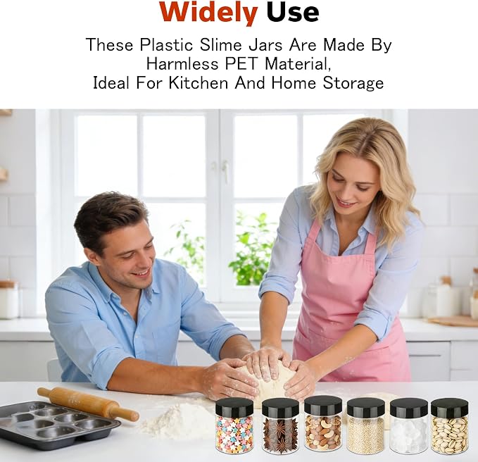 Hajoyful Plastic Jars with Lids 48 Pcs 8 oz & 3.4 oz Clear Plastic Slime Storage Jars Containers with Airtight Black Screw On Lids Cylinder Clear Round Jar Easy Clean Food Grade Durable Jar