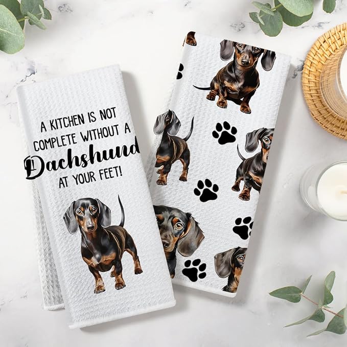 Dachshund Waffle Weave Kitchen Towels, Quick Dry Multipurpose Hand Towels for Bathroom, Absorbent Reusable Cloth Tea Dish Towels for Home Decor, Dog Lover Gift Towel Set of 2