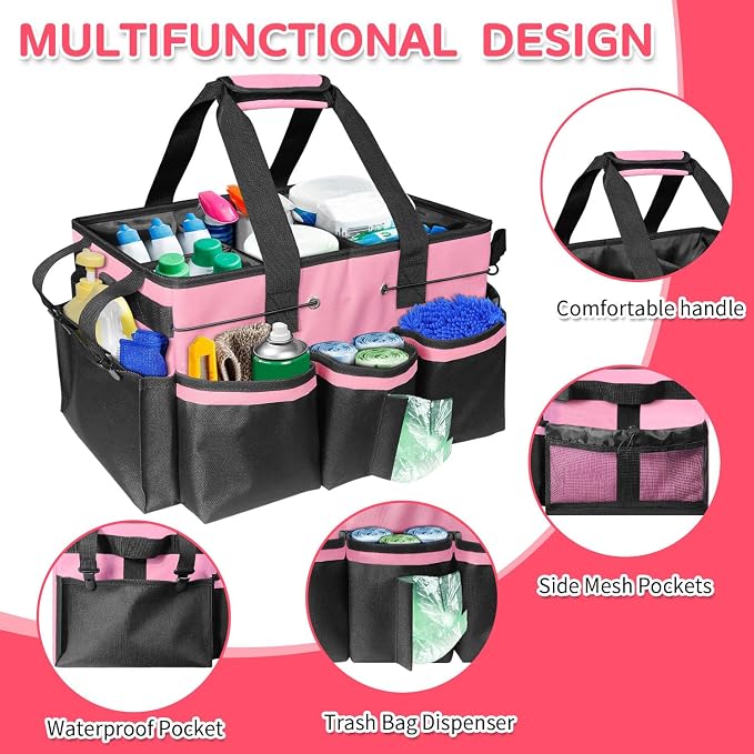 Boczif Cleaning Caddy Bag Wearable,Cleaning Caddy Supplies Organizer(Pink) | with Handle, Shoulder Straps & Detachable Divide, Cleaning Tool Organizers Tote Bag for Cleaners & Housekeepers