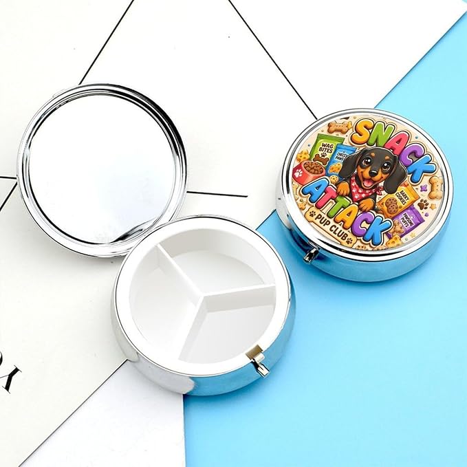 Snack Pup Party Fun Round Pill Box with 3 Compartments, Portable Travel Pill Organizer with Spring Snap Closure for Vitamins Supplements Fish Oil