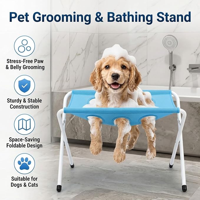 2-in-1 Foldable Pet Grooming Bed, Pet Comfort Grooming Stand，Blue | Foldable Pet Grooming Hammock, Bathing Stand with Breathable Mesh for Nail Trimming, Bathing, Haircuts, Easy Assemble