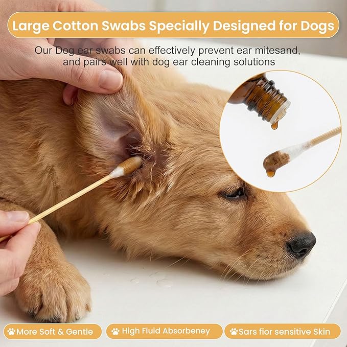 100 PCS Large Cotton Swabs with Storage Box - 6 Inch Dog Ear Swabs with Bamboo Handle for Pet Cleaning - Soft Cotton Head, Gentle and Lint-Free, Specific for Pets, Dog Ear Cleaner Tool