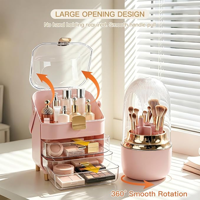 Large Pink Makeup Organizer Set with Clear Dome Cover and Brush Holder, 2-Tier Skincare Storage Case with 3 Pull-Out Drawers for Cosmetics, Lipsticks, Jewelry, and Beauty Tools（Pink）