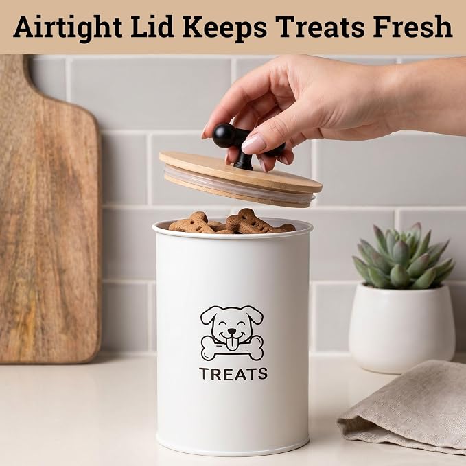 Dog Treat Container Airtight, 4.6"W x 6"H, Powder Coated, 6 Cup Capacity | Fits All Popular Treats, 6 Cup Capacity, Airtight Bamboo Lid, Easy Open Lid, Dent-Resistant Durable Metal Bone-Shaped Handle