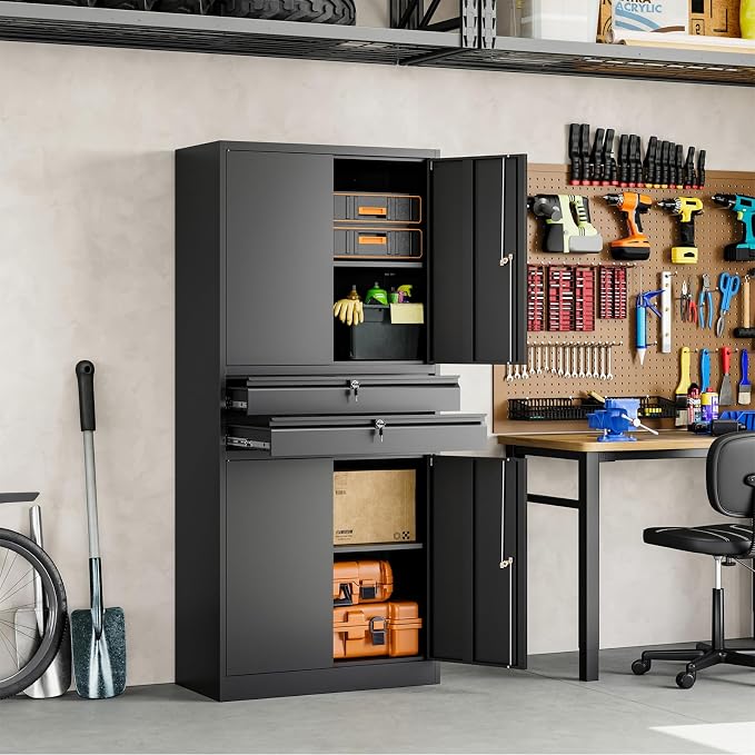 Metal Garage Storage Cabinet with Locking Doors and Adjustable Shelves, 71" Tool Storage Cabinet with 2 Drawer for Garage,Warehouse