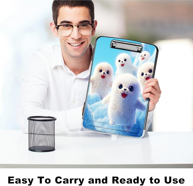 A4 Clipboard with Storage Pen Holder, Clipboards Organizer Nursing Clipboard Foldable File Folder Plastic Clipboard Folio Clip Board for Office Work Classroom Doctor, Snow Sea Lion