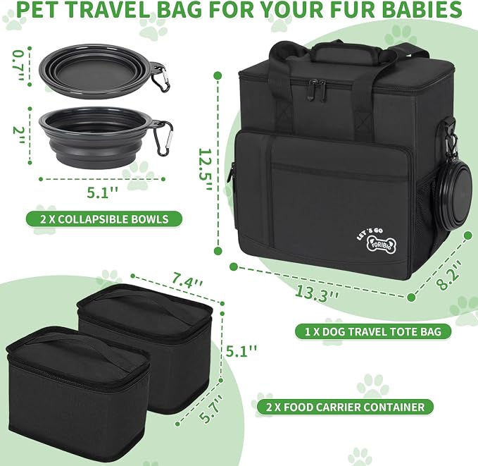 TORIBIO Large Dog Travel Bag for Supplies with Food Bowl | With 2 Food Container and Collapsible Bowls, Mat & Divider, Water-resistant, Pet Travel Kit for Weekend, Road Trips, Camping